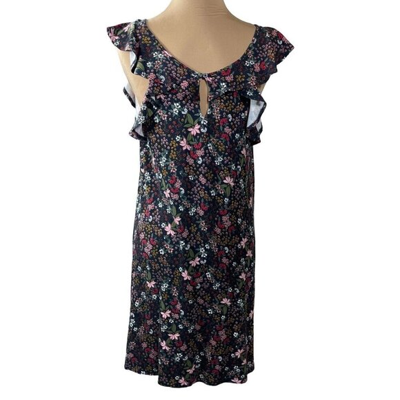 Loft Swing Dress Knit Floral Ruffle Cap Sleeve Comfort Casual M Medium Black - Picture 3 of 7